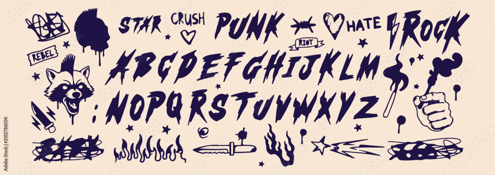 Rebellious Lettering Grunge punk alphabet font, edgy street art lettering, rebellious ...
