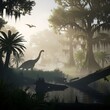 © Malik - Majestic Brachiosaurus Dinosaur in a Prehistoric Misty Swamp Landscape.