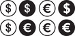 © JM - currency symbol icons set black and white dollar and euro signs in circular frames high quality professional detailed modern elegant stylish