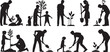 © Misho x Mamun - people planting trees various poses set collection. Family gardening and planting trees outdoor different poses. silhouette vector illustration