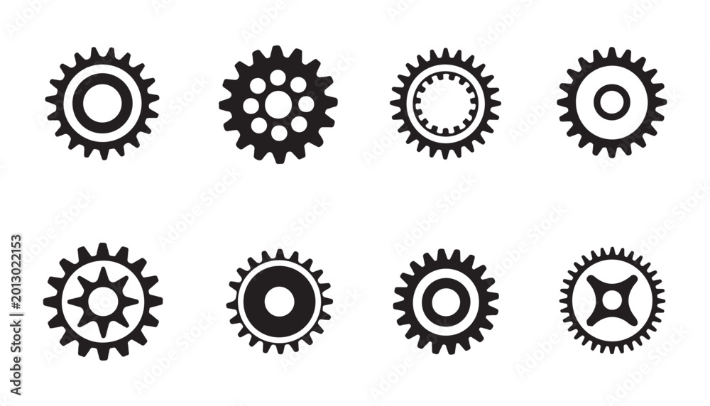 Various gear wheel icons black silhouette mechanical parts different ...