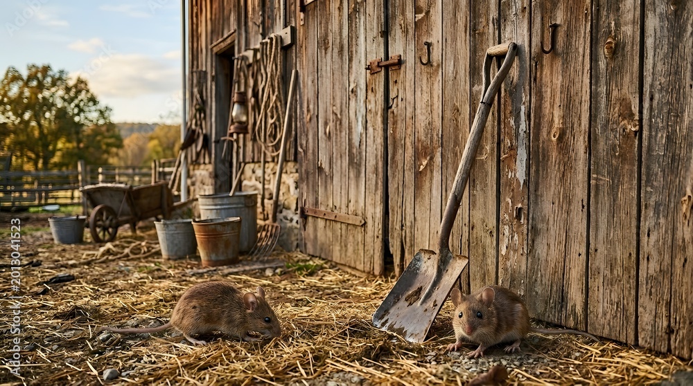 Hay Point Pests Rodents on hay and dirt floor outside an old farm shed. Illustrating ...