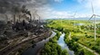 © Veayo - The image contrasts a heavily polluted industrial landscape with a clean, renewable energy environment.