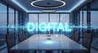 © Sajal.savar - Modern conference room with glowing 'digital' text and network connections futuristic business concept