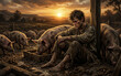 © Nirmala D'Souza - Prodigal Son Sitting Among Pigs at Sunset. Emotional Biblical Story and Christian Faith Concept