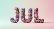 © Muhtasim - Joyful knitted letters JUL spelling July, adorned with colorful flowers and leaves, perfect for summer events and celebrations in pastel hues.