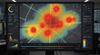 © NatureLens Asia - Heatmap analysis on a digital city map showing areas of high activity with data metrics and graphs on a modern computer screen in a control room.