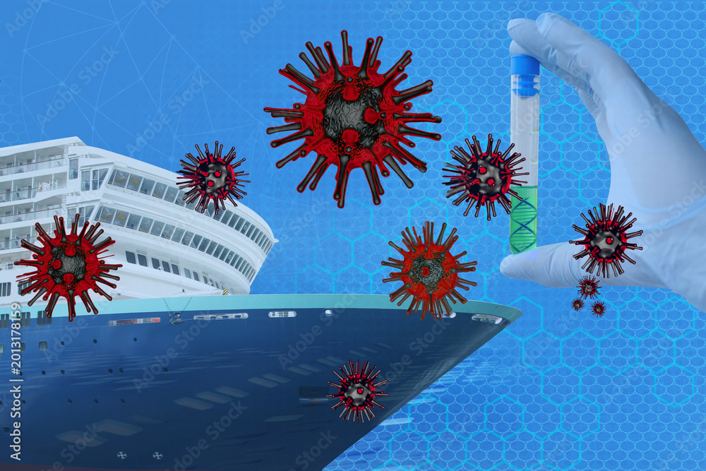 Virus Rocketship cruise ship, virus outbreak illustration, laboratory sample tube ...