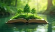 © miss irine - Open book with trees and grass floating on water surface. Nature knowledge growth, ecology education, environmental concept. Green forest background, peaceful scene.