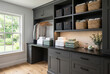 © AiHRG Design - A tidy laundry room shows a shelf with folded towels and storage baskets. There are hanging clothes on a rack and a window letting in daylight. Greenery is visible outside.