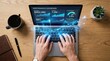 © Valentyna - Overhead view of a minimalist desk where hands interact with a laptop featuring a vibrant holographic KPI performance screen. The