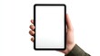 © rahit - Hand holding a tablet device displaying a blank screen for mockup, isolated on white backgrounded