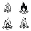 © HasanAkhter - Campfire illustrations set, black and white line art of burning flames on wood and stones, isolated on white