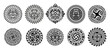 © Vector Tradition - Circle round tribal maori tattoo with vector sun and warrior totem mask in ethnic pattern frame. Polynesian geometric ornament circles set with sun, moon, fish hook and koru spirals, maori tattoo art