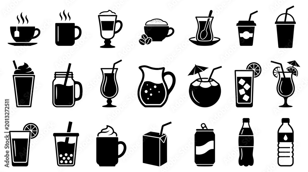 Collection of diverse black beverage icons featuring various coffee ...