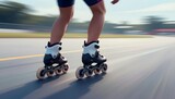 Roller skater moving quickly on paved path during sunny day  