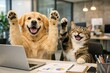 © Jafree - Golden retriever and cat sitting at office desk with paws raised. Happy animals celebrating success at work with laptop. Business concept featuring funny pets working in modern office environment