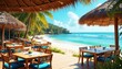 © Pete - Beach cafe with tables set for dining. Tropical palm trees and ocean waves provide a stunning backdrop. Guests enjoy seaside lunch under thatched umbrellas.