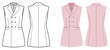 © Vectoressa - Sleeveless double breasted vest blazer with structured shaping and fitted waist silhouette featuring tailored construction clean contour lines. Technical fashion illustration in black white color