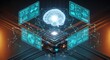 © MopoWe - Cognitive computing chip integrates with a glowing brain hologram and floating UI data screens amidst a digital node web. Perfect for advanced biotechnology and machine learning marketing.