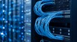 © Michelle - Close-up photograph of blue network cables on server rack in a modern data center, symbolizing high-speed connectivity.