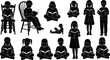 © Shahadat - Children reading books silhouettes set with boys and girls in various poses for education and literacy vector illustration