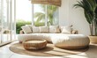 © Trident - Beige sectional sofa and rattan coffee table are arranged on a jute rug in a sunlit room with a tropical view.