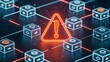 © Stocker - Cybersecurity alert network illustration glowing isometric design with warning sign and interconnected data cubes