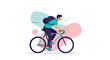 © CreativeGrid - Young man commuting to work or school on a bicycle with a backpack against a minimalist abstract background of pastel shapes.