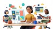 © Cielo Stray - 3D vector illustration of a talented Indian girl IT programmer working on a desktop computer in a friendly multi-ethnic environment designing an inspirational app.,