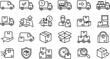 © Sadhin Artlance - Logistics and delivery line icon set with trucks shipping boxes tracking warehouse and courier service symbols