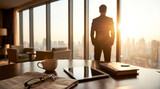 Confident businessman observing the vibrant city skyline at sunrise from a luxurious office.