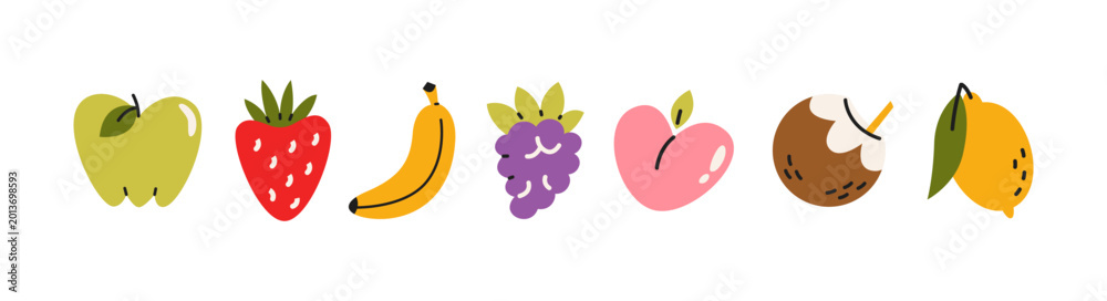 Fruits stickers in retro cartoon style. Apple, strawberry, banana ...