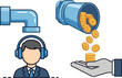 © Restu - Customer service operator receiving money from a pipe, representing income generation