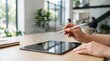 © Lee - Woman hand using stylus on tablet with holographic project plan, strategy milestones review checklist, business management concept, digital interface technology, modern office