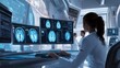 © Stella - A female doctor is working on multiple computer screens in a digital medical lab, surrounded by panoramic brain scan images and other mental health data
