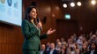© PixelCorp.ai - indian business woman giving presentation, female speaker at conference.professional woman speaking on stage, corporate seminar presentationfemale entrepreneur with microphone.