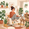 © Vector Design - Young woman in a cozy sweater applying skin cream during a peaceful self care routine in a bright plant filled room.