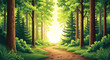 © Purnomo - Enchanting forest path leading to a bright, sunlit clearing in a serene nature vector illustration, perfect for outdoor adventure and tranquility