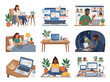 © Sunday - People Working from Home on Laptops in Cozy Rooms and Video Meeting Scenes