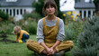 © forenna - Mother in muddy gardening clothes sitting cross-legged on backyard lawn in full parental collapse, toddler happily digging nearby, wide shot of overgrown summer garden under