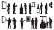 © Ai - Comprehensive set of black silhouettes depicting art gallery visitors and museum patrons in various poses like viewing paintings, sketching, guided tours, family visits, and admiring sculptures.