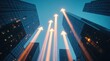 © Leonardo - Rascacielos imponentes con flechas dinámicas de luz que se elevan hacia arriba, concepto de crecimiento empresarial exponencial