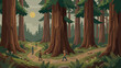 © Allah Meherban - Redwood forest landscape vector, hikers walking on woodland trail, giant sequoia trees in misty pine forest scenery