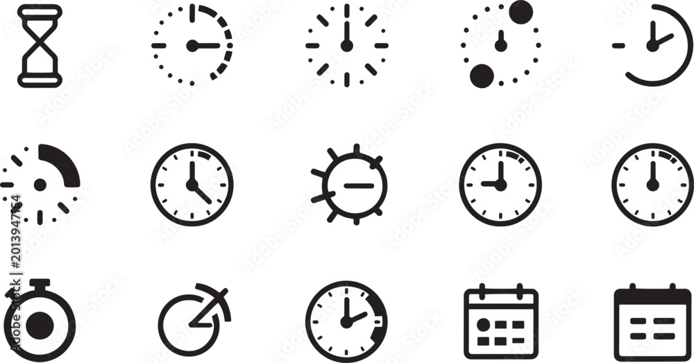 Time Management and Clock Outline Icons Set for Schedule, Deadline and ...