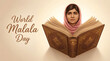 © Gambar - Malala Yousafzai in pink headscarf emerging from open book