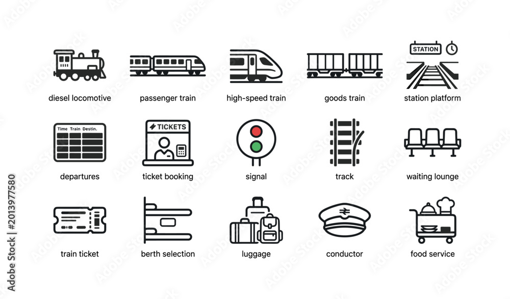 Train symbols representing services and parts of a station platform ...