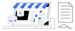 © robu_s - Online shopping, digital storefronts, e-commerce businesses, online retail, product delivery, secure transactions. Laptop with store interface, shopping boxes document icon. Online shopping