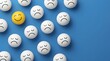 © fai  - Yellow happy face ball among white sad face balls on blue background, concept of optimism and mental health, unique smiling emoji standing out