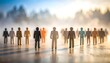 © Nia - Group of pixelated human figures standing in a line on a reflective surface at sunrise, representing diversity and unity in business or community